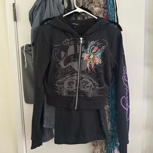 ED hardy zip front cropped Hoodie and sweatpants